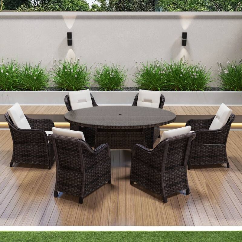 Outdoor Patio Garden Dining Set with Oval Table and 6 Wicker Chairs
