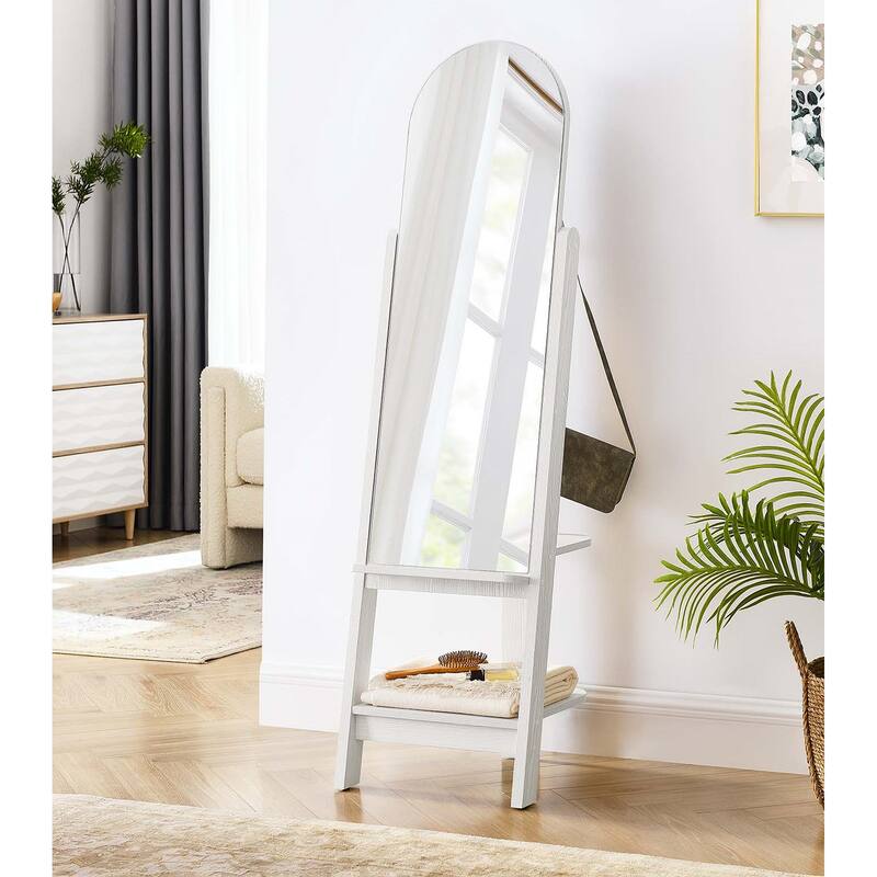 Lewis Modern White Wooden Standing Arched Mirror with Shelf and Hooks