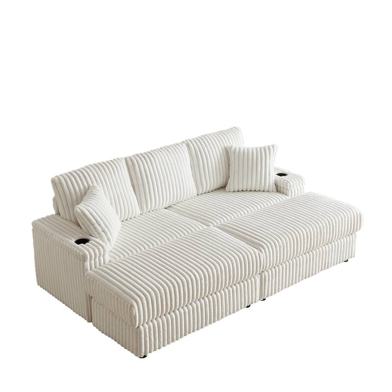 Deep Seat Sectional Loveseat Set with 2 Ottoman and 2 Pillows, Corduroy Chaise Lounge Bed with 2 Storage Spaces and Cupholding