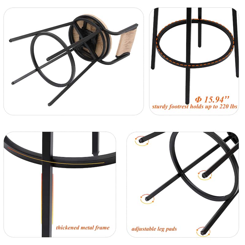 Metal Frame Swivel Bar Stools Set of 2, Hand Woven Paper Rope Counter Stools with Footrest for Kitchen Counter, Dining Room