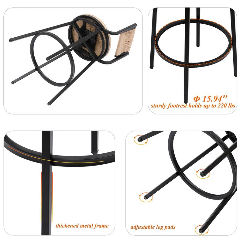 Modern Bar Stools Swivel Counter Chairs with Metal Frame Set of 2 Hand Woven Paper Rope Dining Barstools for Kitchen Counter