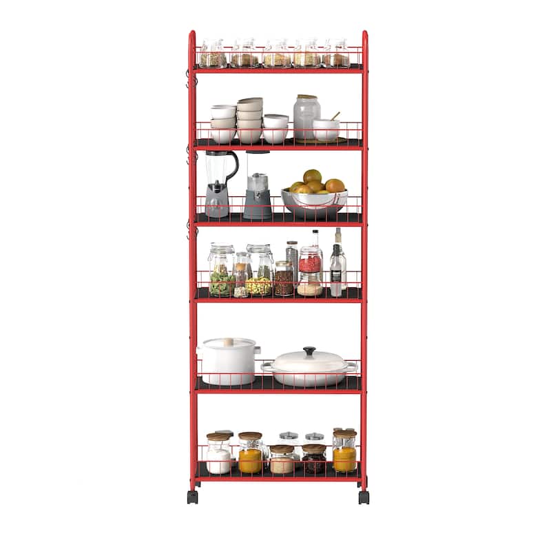 Red 6 Tier Slim Rolling Storage Cart, Mobile Shelving Unit with Wheels, Metal Wire Storage Shelving Rack with Baskets