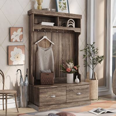Hall Tree with 6 Hooks, 3-in-1 Design, 2 Drawers, Entrance, Hallway - 40.16"W x 18.43"D x 64.57"H