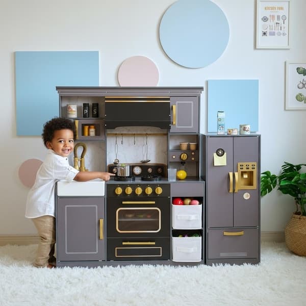 slide 2 of 13, Teamson Kids Wooden Play Kitchen Set Pretend Play Toy with Full Set Accessories for Toddlers and Children, Age 3-5 Gray