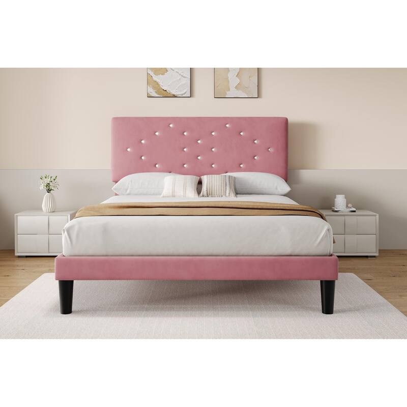 Bed Frames, Velvet Upholstered Bed Frame with Vertical Channel Tufted & Sturdy Wood Slats
