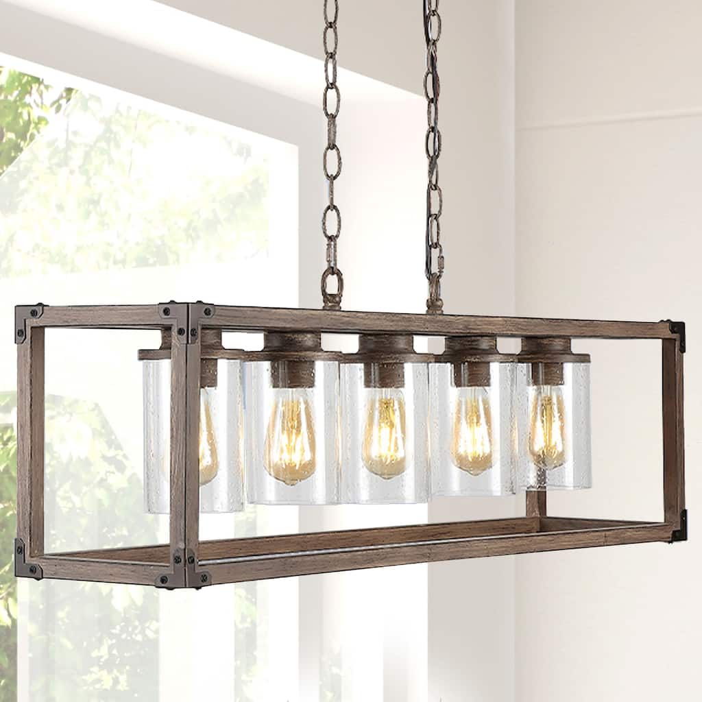 Darlene 36" 5-Light Linear Adjustable Iron/Seeded Glass Rustic Farmhouse LED Pendant, Brown by JONATHAN Y