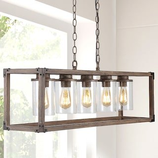 Darlene 36" 5-Light Linear Adjustable Iron/Seeded Glass Rustic Farmhouse LED Pendant, Brown by JONATHAN  Y
