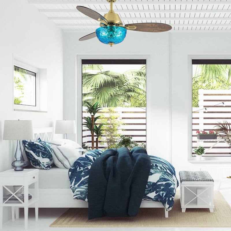 Maisie River of Goods 3-blade 42-inch Modern Indoor Ceiling Fan with Blue Hand-Cut Glass Globe Shade and Remote