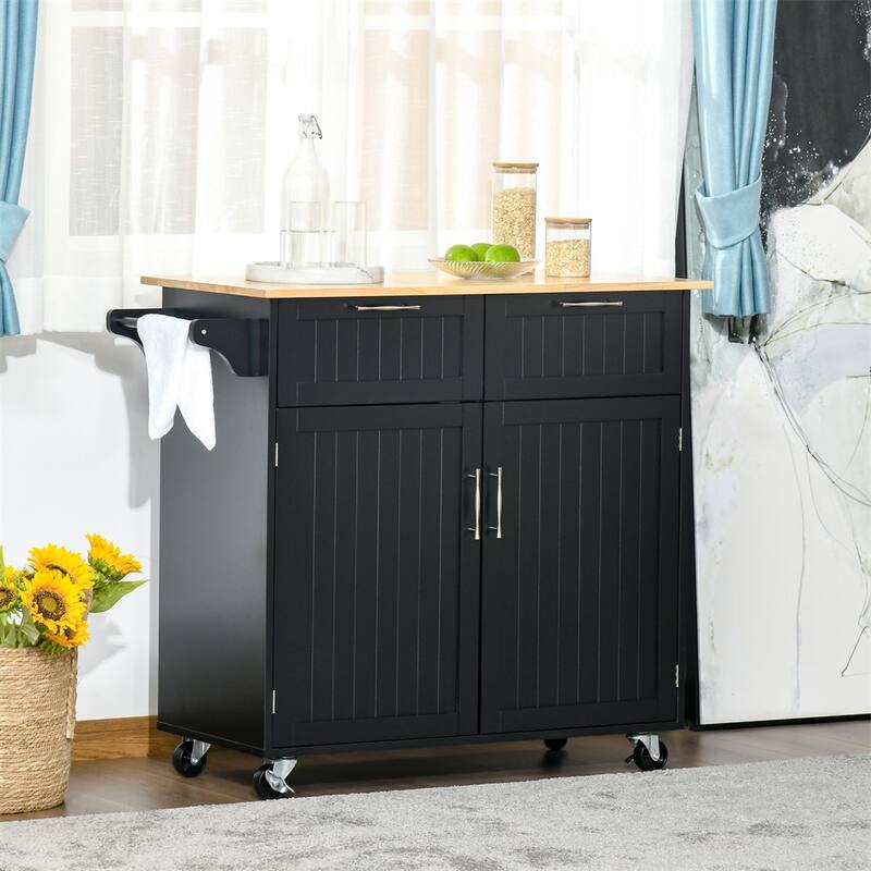 41" Modern Rolling Kitchen Island, Utility Cart with Rubberwood Top