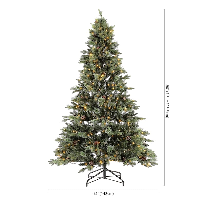 SAFAVIEH 7.5 Ft, Green, Pre-Lit Artificial Christmas Tree With Pine Cones - 56"W x 56"D x 90"H