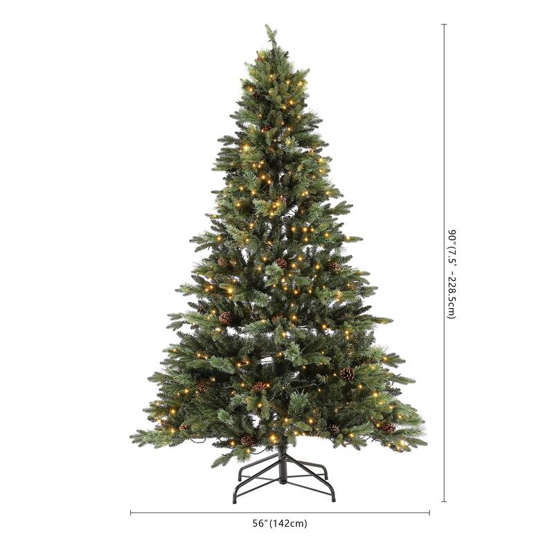 SAFAVIEH Merri 7.5 Ft, Pre-Lit Artificial Christmas Tree with Pine Cones - 56" W x 56" D x 90" H - 56Wx56Dx90H