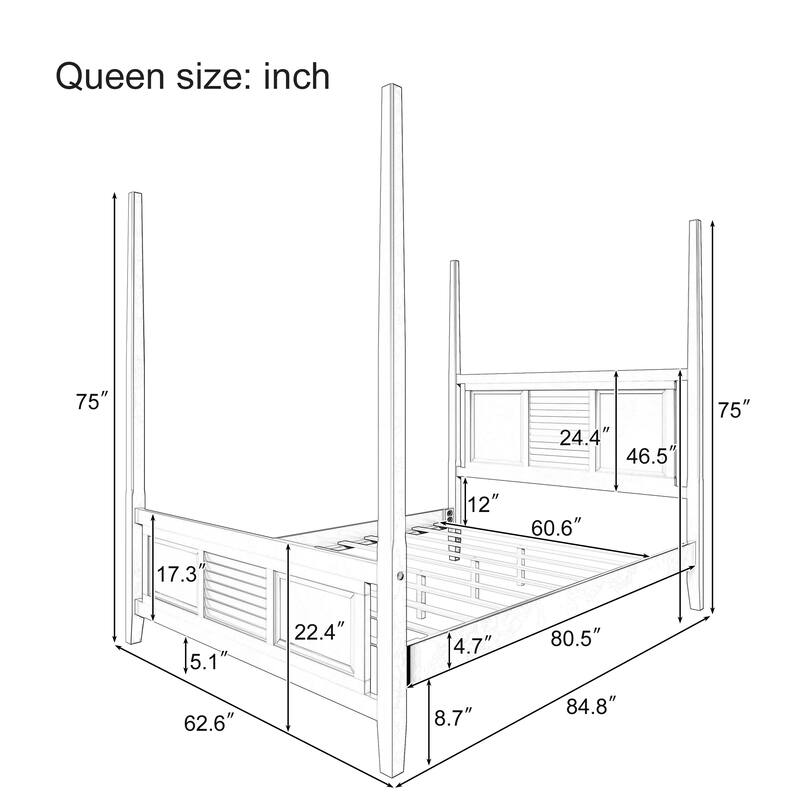 Elegant White Queen Four Poster Bed with Solid Pine Wood, 75" Height and Horizontal Grille Design