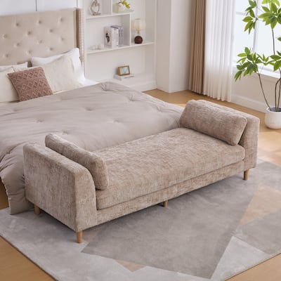 Modern 83.1" Upholstered End of Bed Bench with Armrests, Chenille Accent Reading Bench with Pillows and Wood Legs for Bedroom