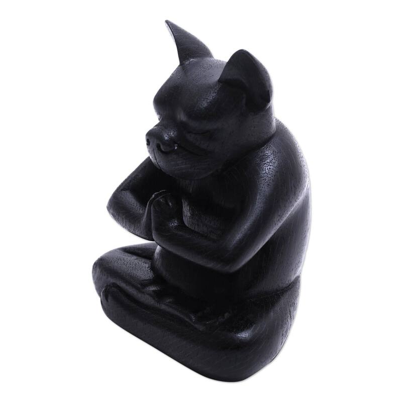 Novica Handmade Yoga Boston Terrier In Black Wood Statuette