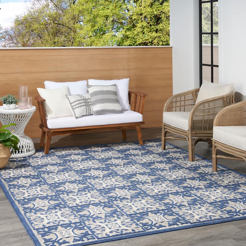 Nourison Aloha Indoor/outdoor Grey Geometric Area Rug - 5'3" x 7'5" - Blue