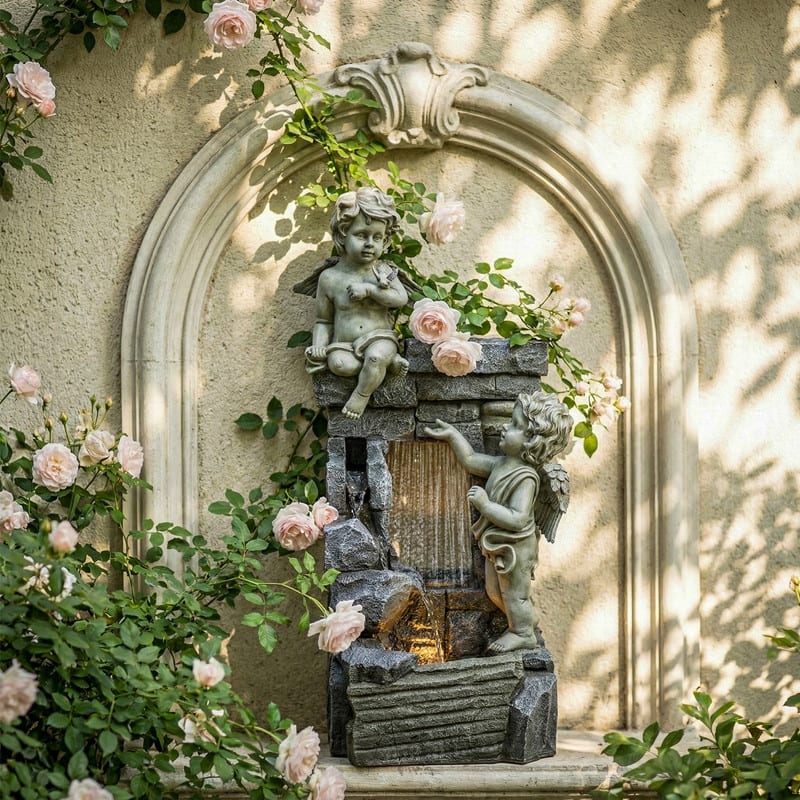 Angel Style Tiered Water Fountain with Water Curtain and LED Lights for Patio Decor