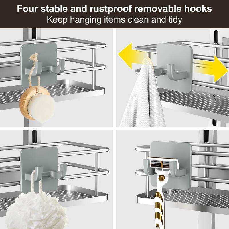 Adjustable Hanging Over the Shower Door Caddy,Bathroom Organizer Shelf Storage with 4 Hooks for Razor - Silver-4 Pack