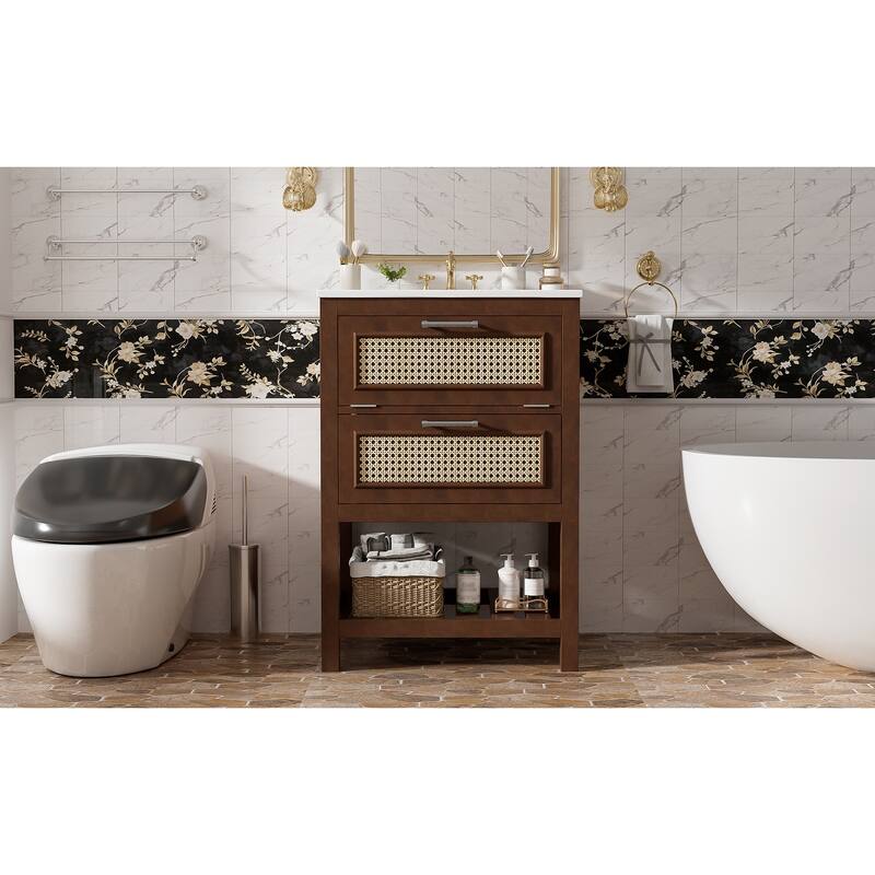 24"Bathroom Vanity with Integrated Ceramic Sink,Bathroom Cabinet with 1 Deep Drawer,1 Tip-Out Drawer,Single Sink Bathroom Vanity