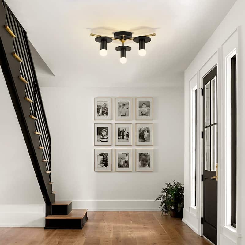 17.5" W 3-Light Modern Green/Black Sputnik Metal Wooden Semi-flush Mount Ceiling Light for Living Room, Bedroom