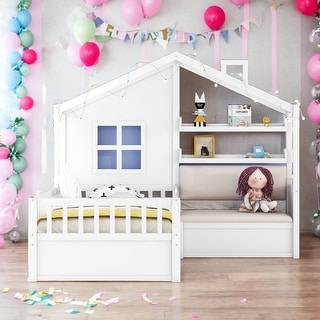 Modern Twin Size Kids Platform Bed House Bed with Sofa with Two Drawers and Storage Shelf
