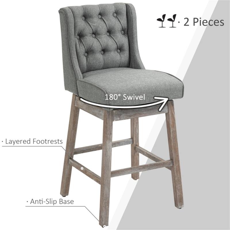 2-Pack Linen Upholstered Ergonomic Bar Stools with Swivel Seat and Solid Wood Legs - 19.25" W x 22.75" D x 43.25" H