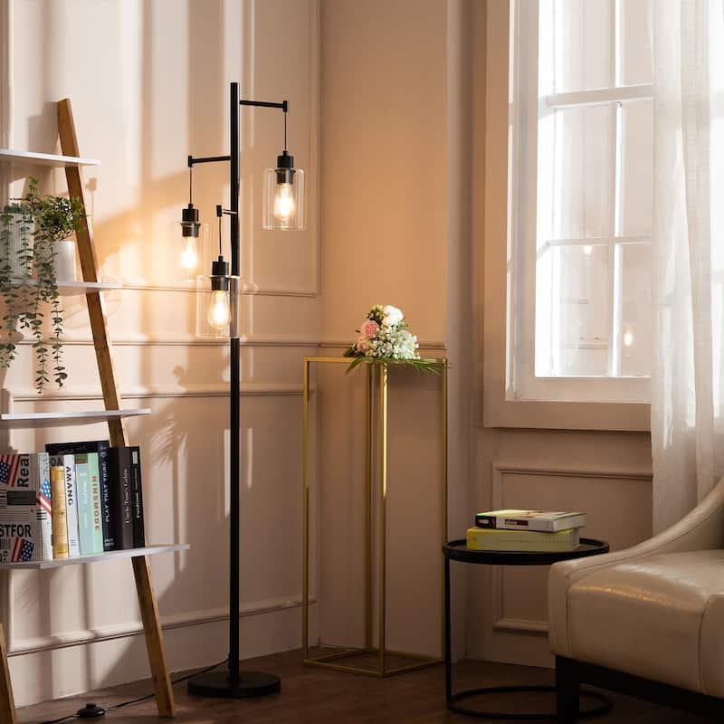 CO-Z 3 Light 65" Black Industrial Floor Lamp Hanging Glass Shades