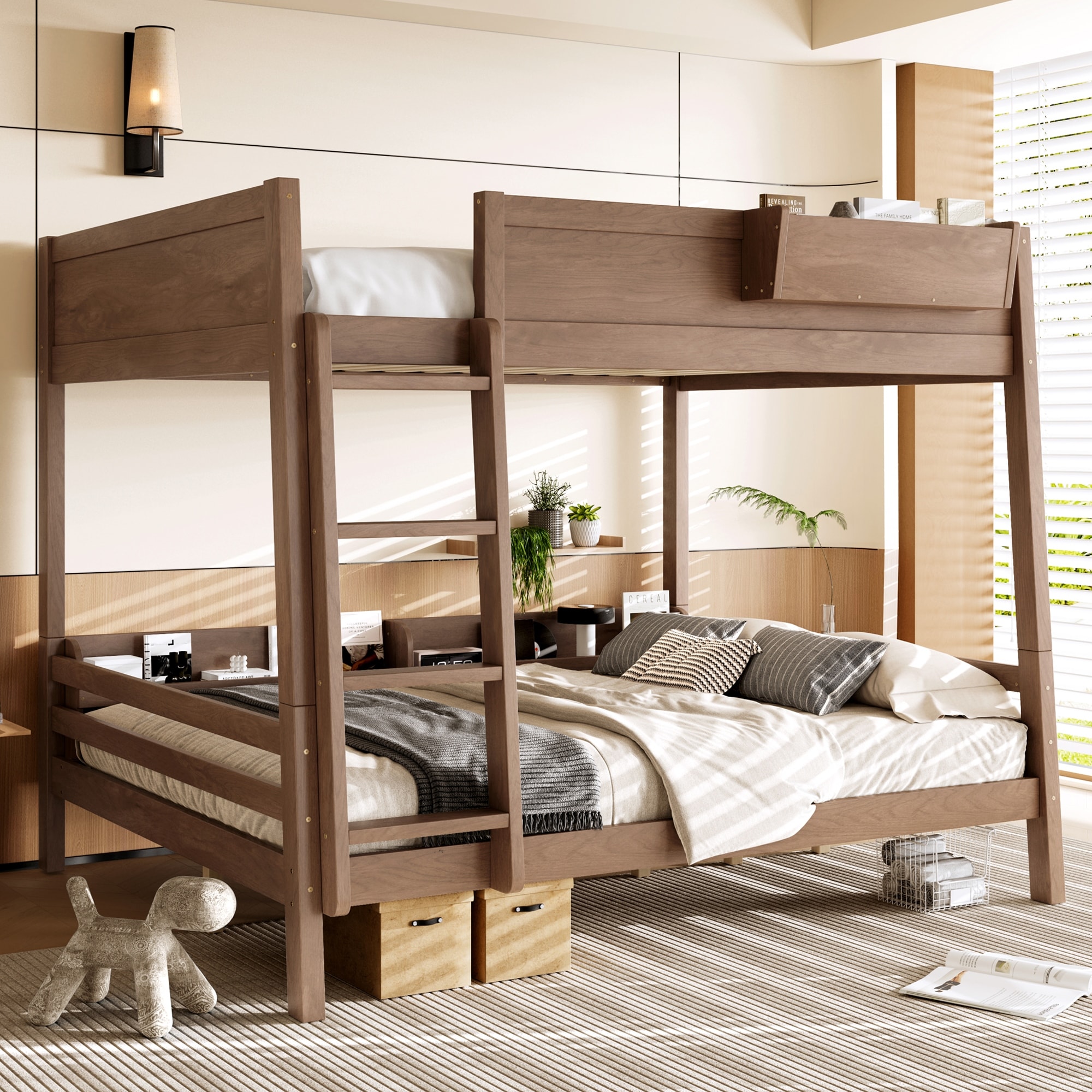 Queen Bunk Bed With Storage Shelf and Bookshelf,Wood Bunk Bed with Ladder and Guardrails,Detachable Design