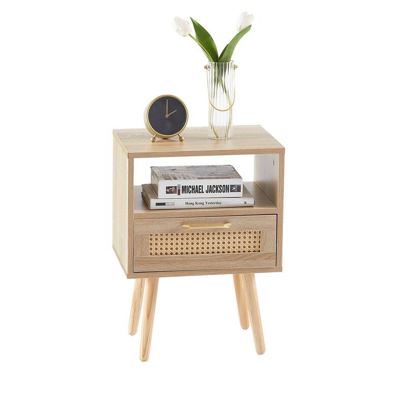 Anmytek Mid Century Nightstand Rattan Natural Bedside Table with Drawer and Solid Wood Legs