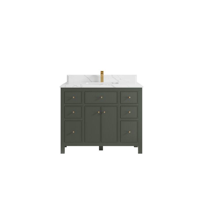 Willow Collections 42 in W x 22 in D Sonoma Free Standing Reeded Single Sink Bathroom Vanity with Countertop - 1.5" Calacatta Laza - Pewter Green