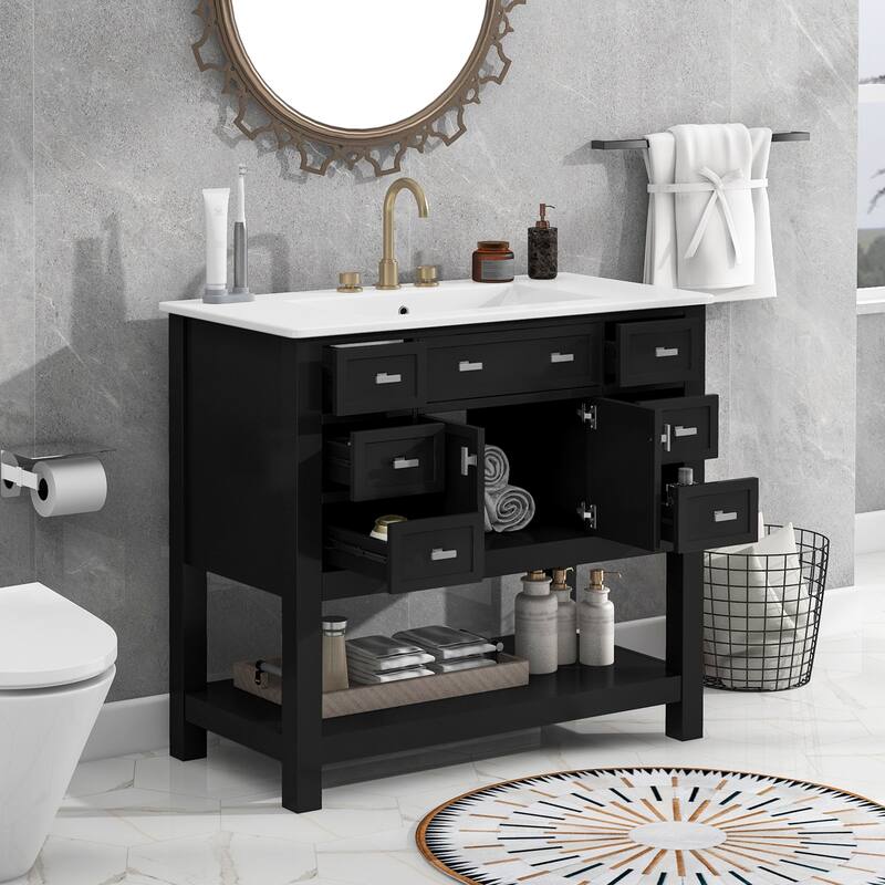 36'' Bathroom Vanity With Top Sink,Modern Bathroom Storage Cabinet With 2 Soft Closing Doors And 6 Drawers,Single Sink