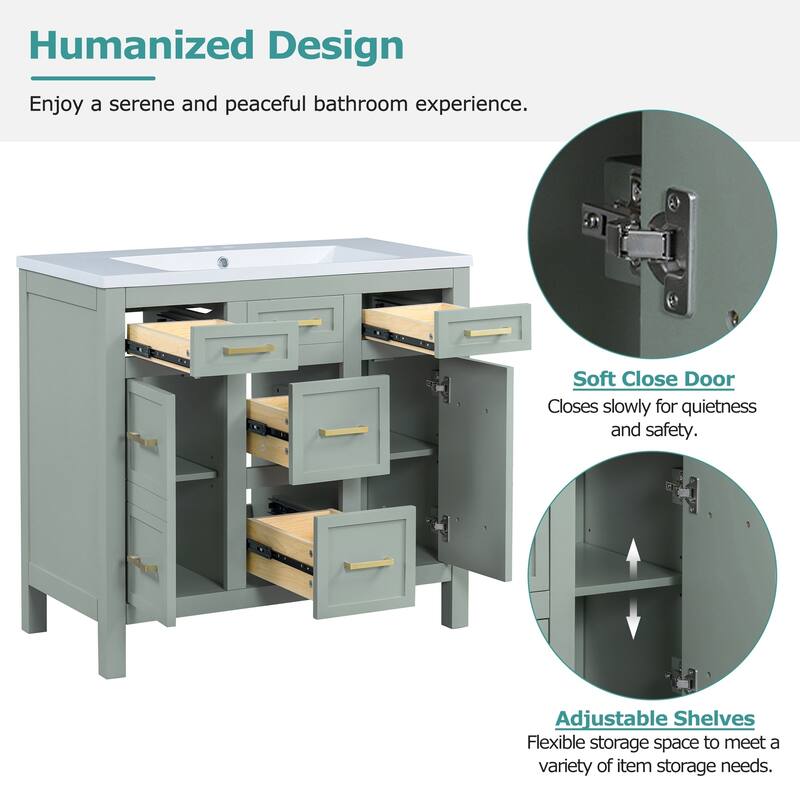 36-Inch Bathroom Vanity with Ceramic Sink Combo, Modern Freestanding Storage Cabinet