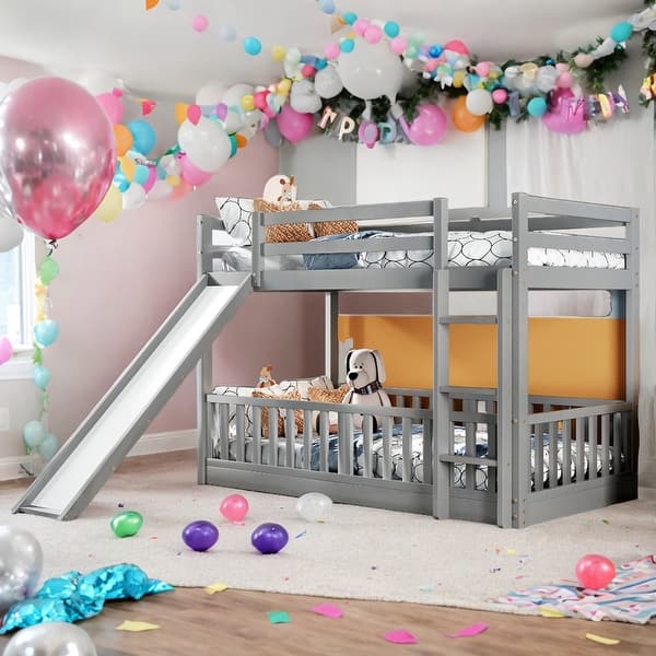 slide 2 of 16, Modren Twin Over Twin Bunk Bed With Convertible Slide and Ladder,Solid Construction Grey