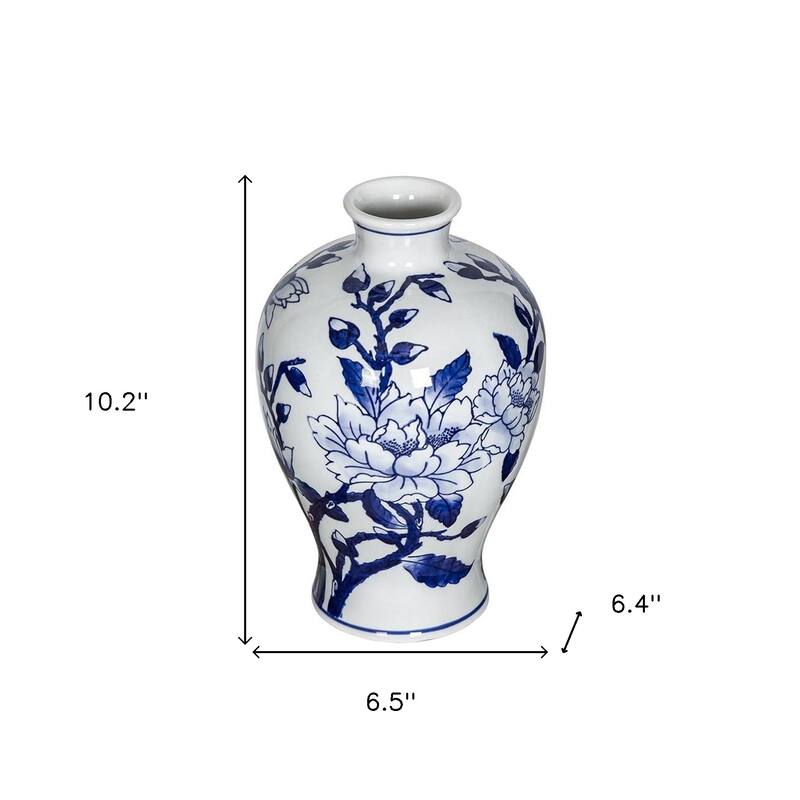 10" Blue And White Floral Round Porcelain Table Vase - 6.50