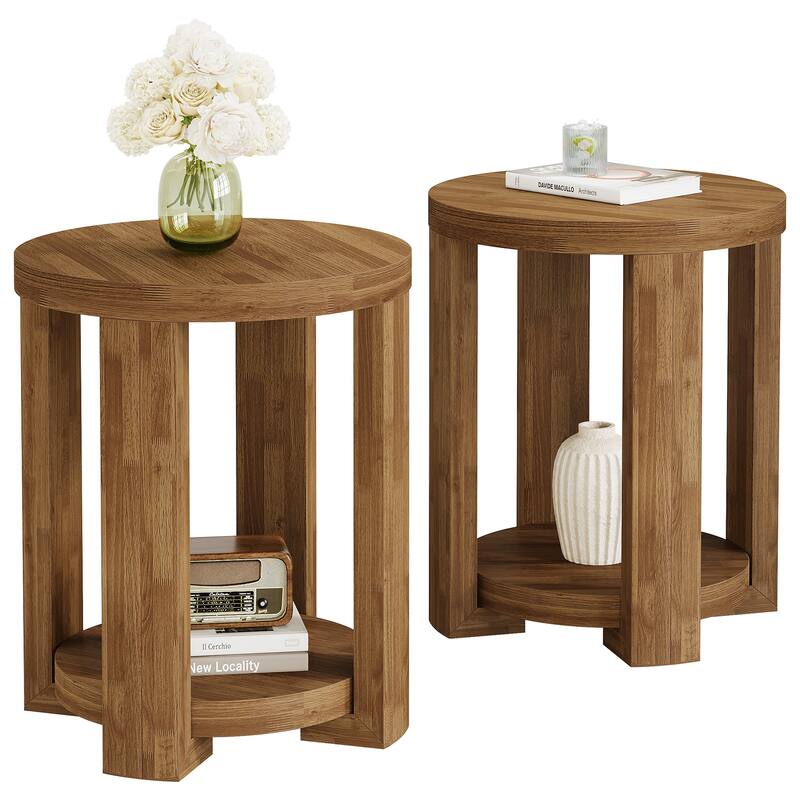 2-Tier Round End Table, Side Table, Small Bedside Accent Table for Living Room, Bedroom (Set of 2)
