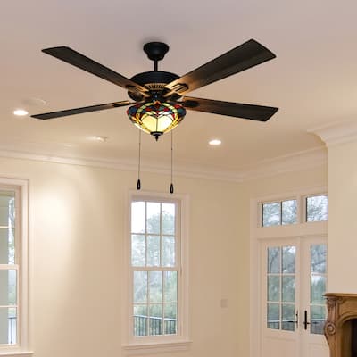Copper Grove Thionville 5-Blade Bronze and Stained Glass Ceiling Fan - 52"L x 52"W x 20"H - 52"L x 52"W x 20"H