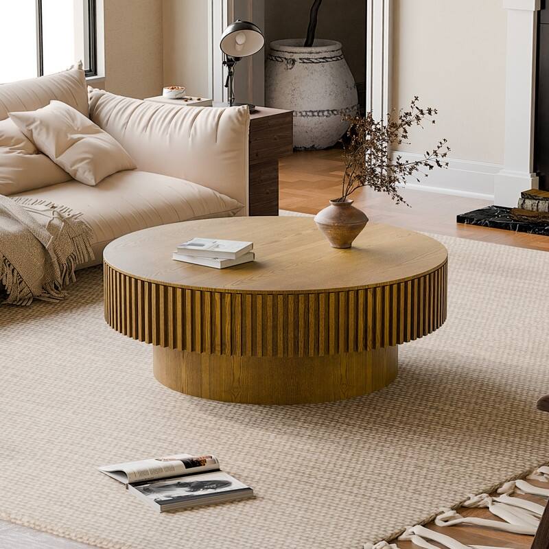 39.37" Round Coffee Table with Storage Solid Wood Veneered Modern Accent Table for Living Room or Bedroom - Brown