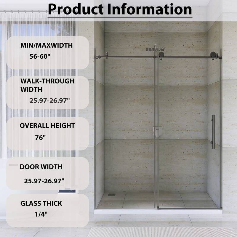 60" x 76" Sliding Frameless Shower Door - 60'' x 0.31'' x 76''