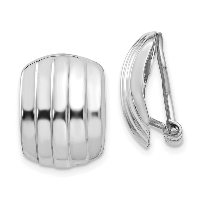 Curata 14k White Gold Polished Ribbed Non Pierced Omega Back Earrings - 17x12mm