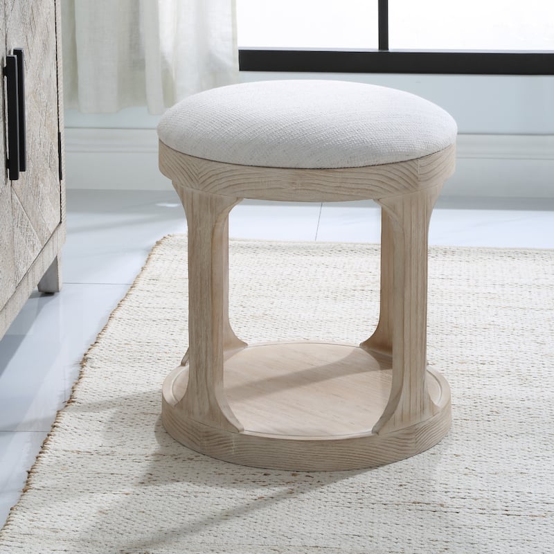 Open Framed Wooden Base Pouf Ottoman - 20.5" - White and Beige
