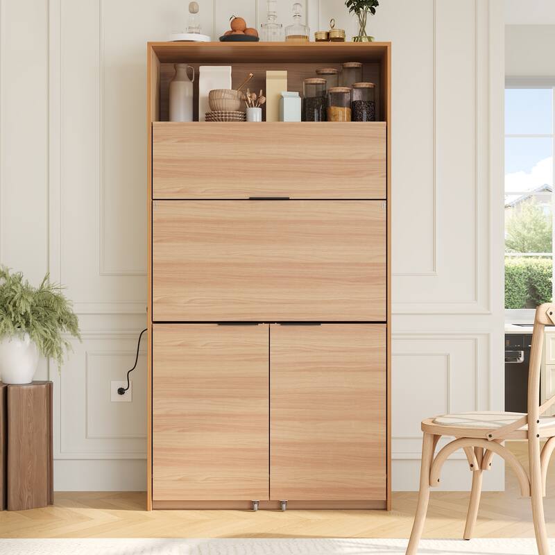 Compact Kitchen Pantry Storage Cabinet, 69" H Buffet Sideboard Server Table with Drop-Down Workstation & Power Outlet