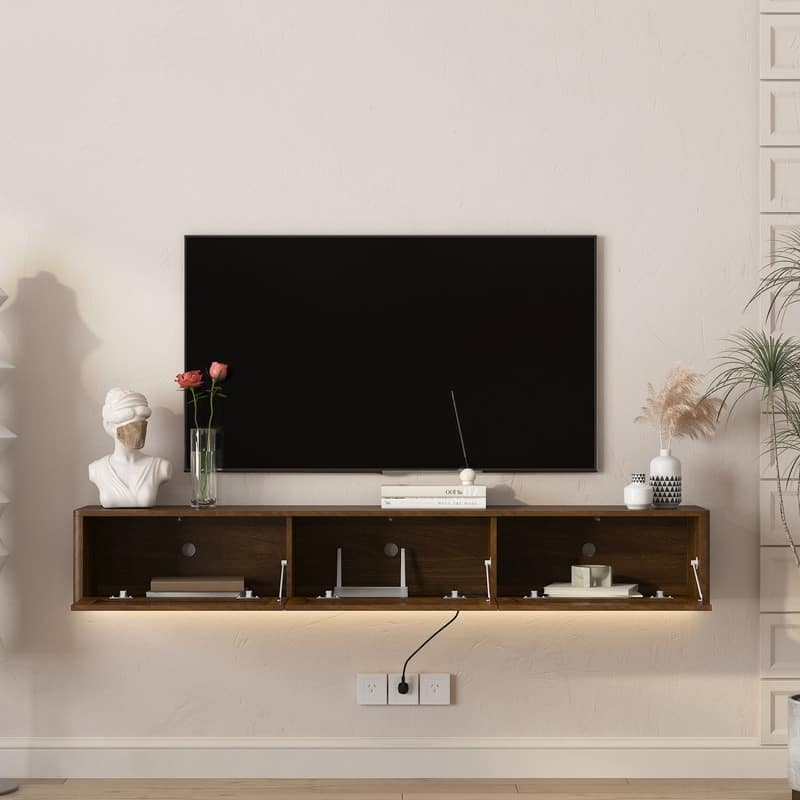 Floating 68" Wall Mounted TV Stand for TVs up to 75", Media Console Table with LED Lights and Power Outlet