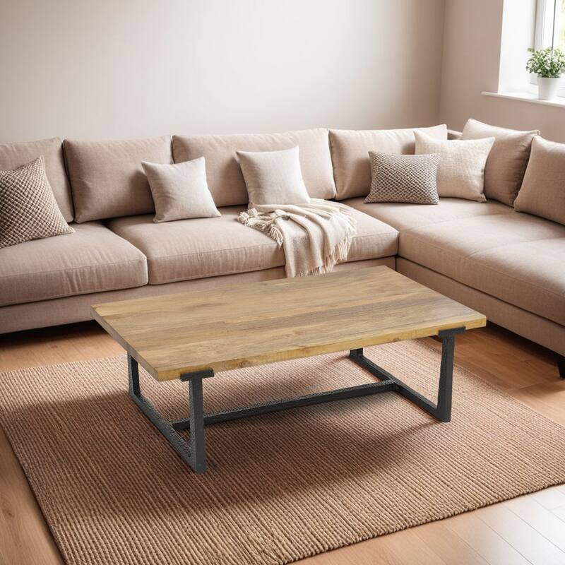 Marlon 48" Coffee Table | Handmade Aluminum Cast Black Frame | Natural Brown Solid Mango Wood Top