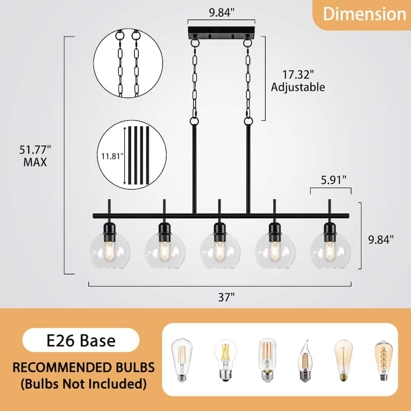 Starsky 5-Light Modern Kitchen Island Linear Pendant Light with Clear Globe Glass Shades