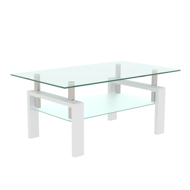 Glass Coffee Table, 2-Tier Clear End Table Center Tables - White and Clear