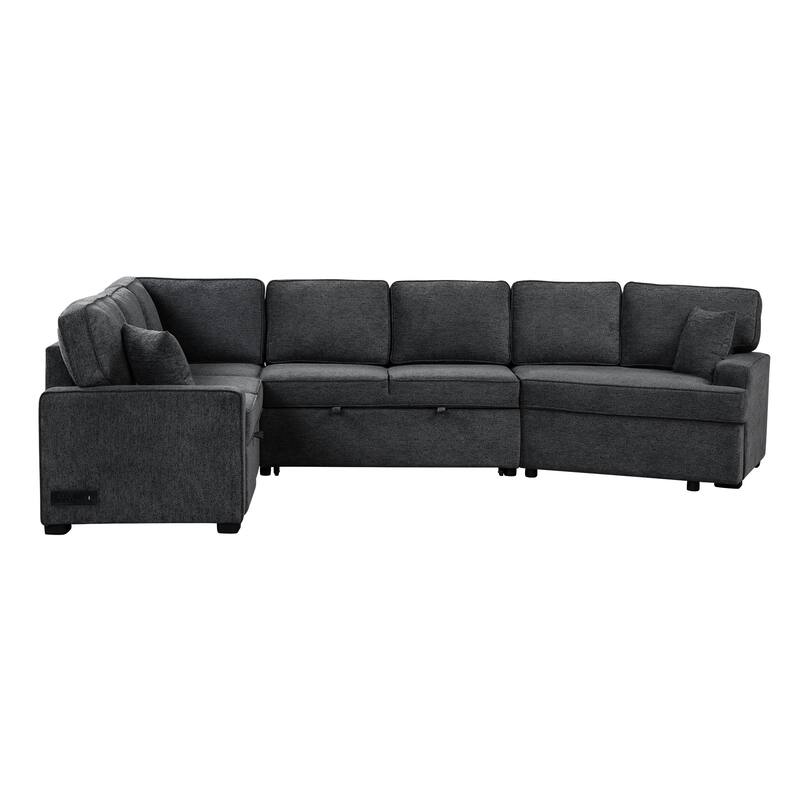 Modern L-Shaped Sectional Sofa with Pull-Out Bed, USB Ports and Drop-Down Cup Holder Tables for Living Room