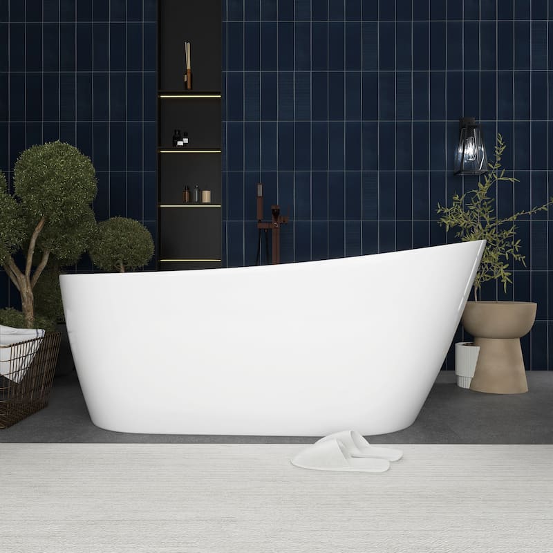 55"/59"/63" Acrylic Single Slipper Freestanding Soaking Bathtub in White with Drain - 59" x 30"