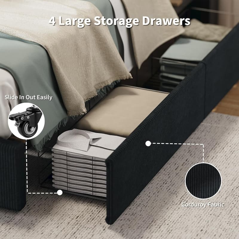 Upholstered Platform Bed with 4 Storage Drawers, Channel Tufted Wingback Headboard & Solid Wood Slat Support