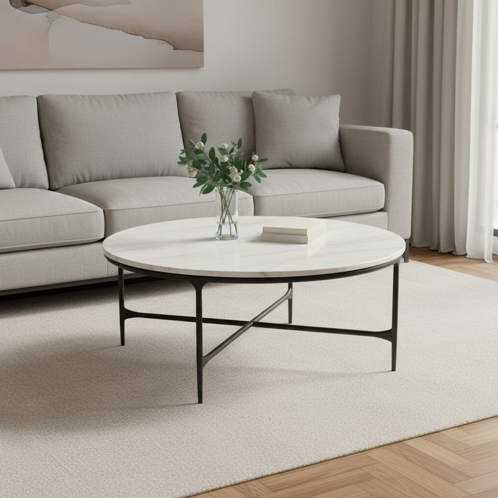 HomeRoots 55" White and Black Genuine Marble and Iron Round Cross Legs Coffee Table - 55.00 in. x 19.00 in. x 55.00 in.