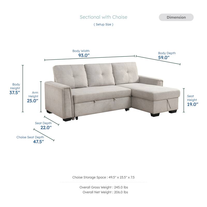 Darla 93" Textured 2-Piece Sectional Sofa with Chaise and Pull-out Bed
