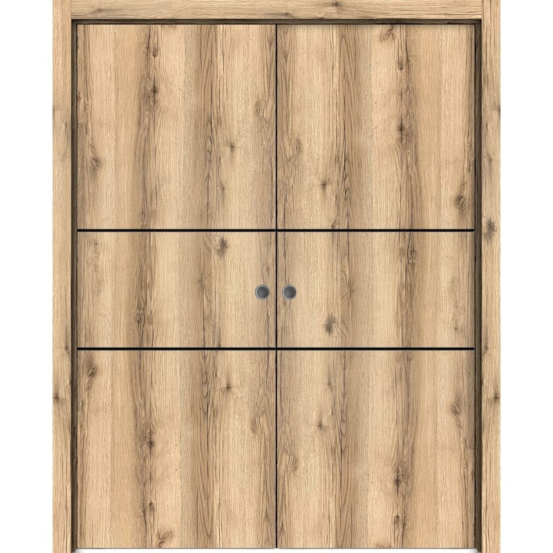 French Double Pocket Doors 36 x 80 Planum 0014 Oak with Kit Trims Rail - 36" x 84" ( 2* 18x84)